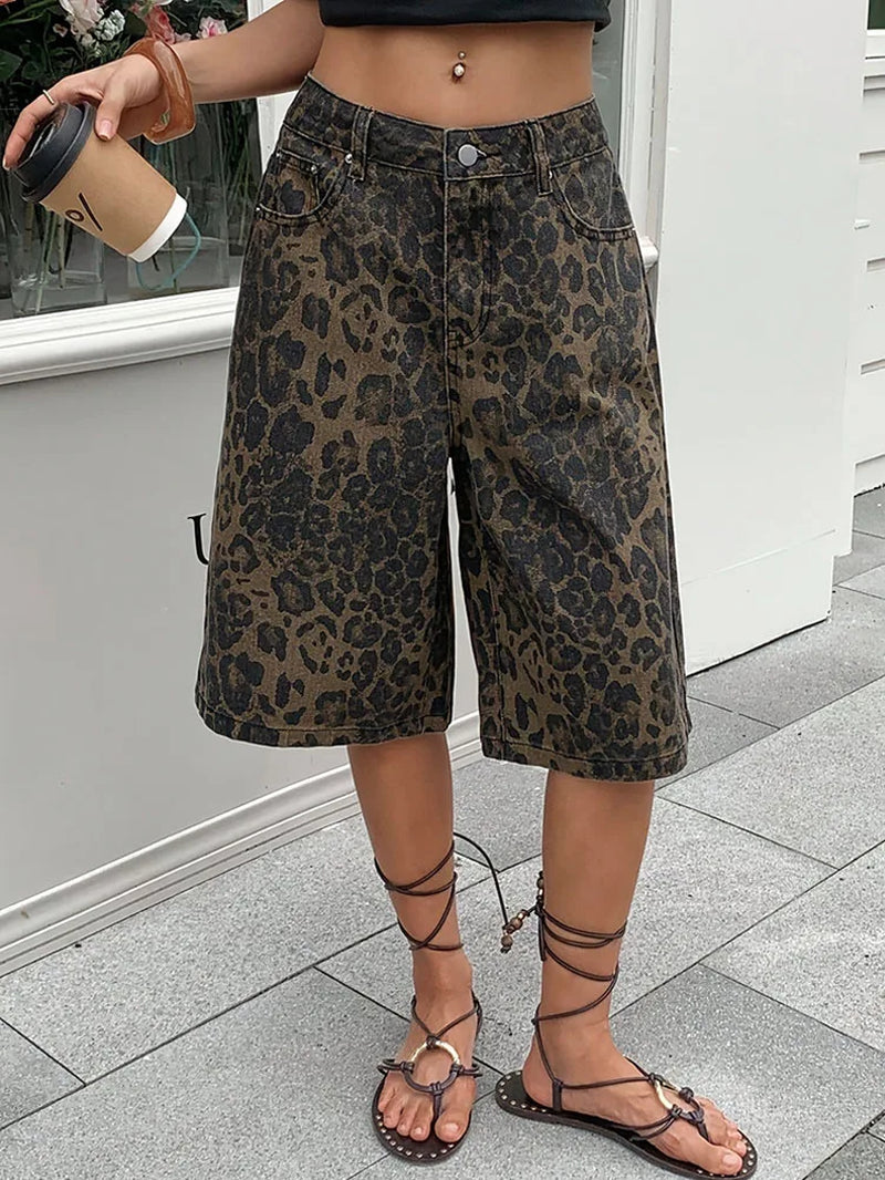 Women Leopard Print Denim Shorts