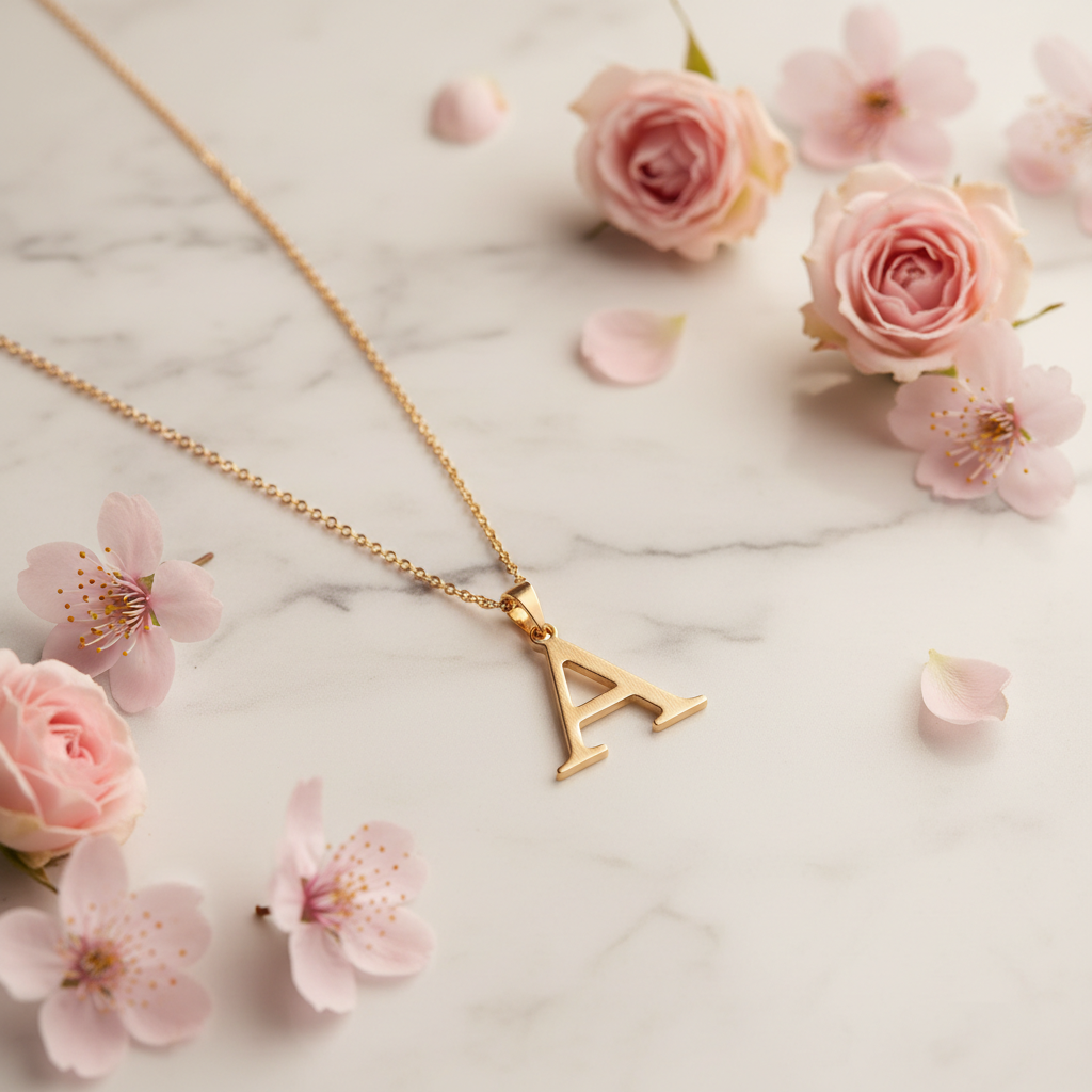 Gold Initial Letter Necklace on marble surface with pink flowers