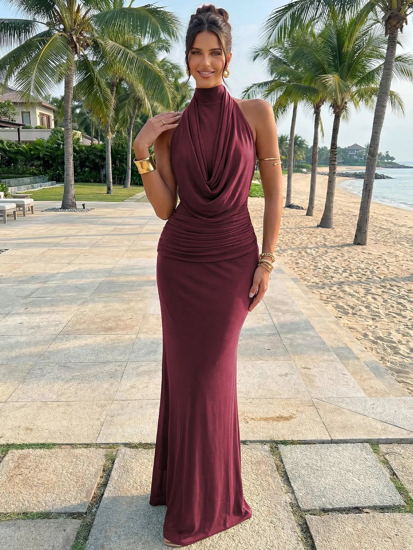 Curvysweet Claire Women’S Sleeveless Acrylic Halter Neck Mesh Backless below Ankle Maxi Gown - Elegant, Draped, Ruched, Basic Tie Bodycon Summer Formal Dress for Wedding Guest | Clothes for Women, Backless Dress, Dresses, Women'S Clothing