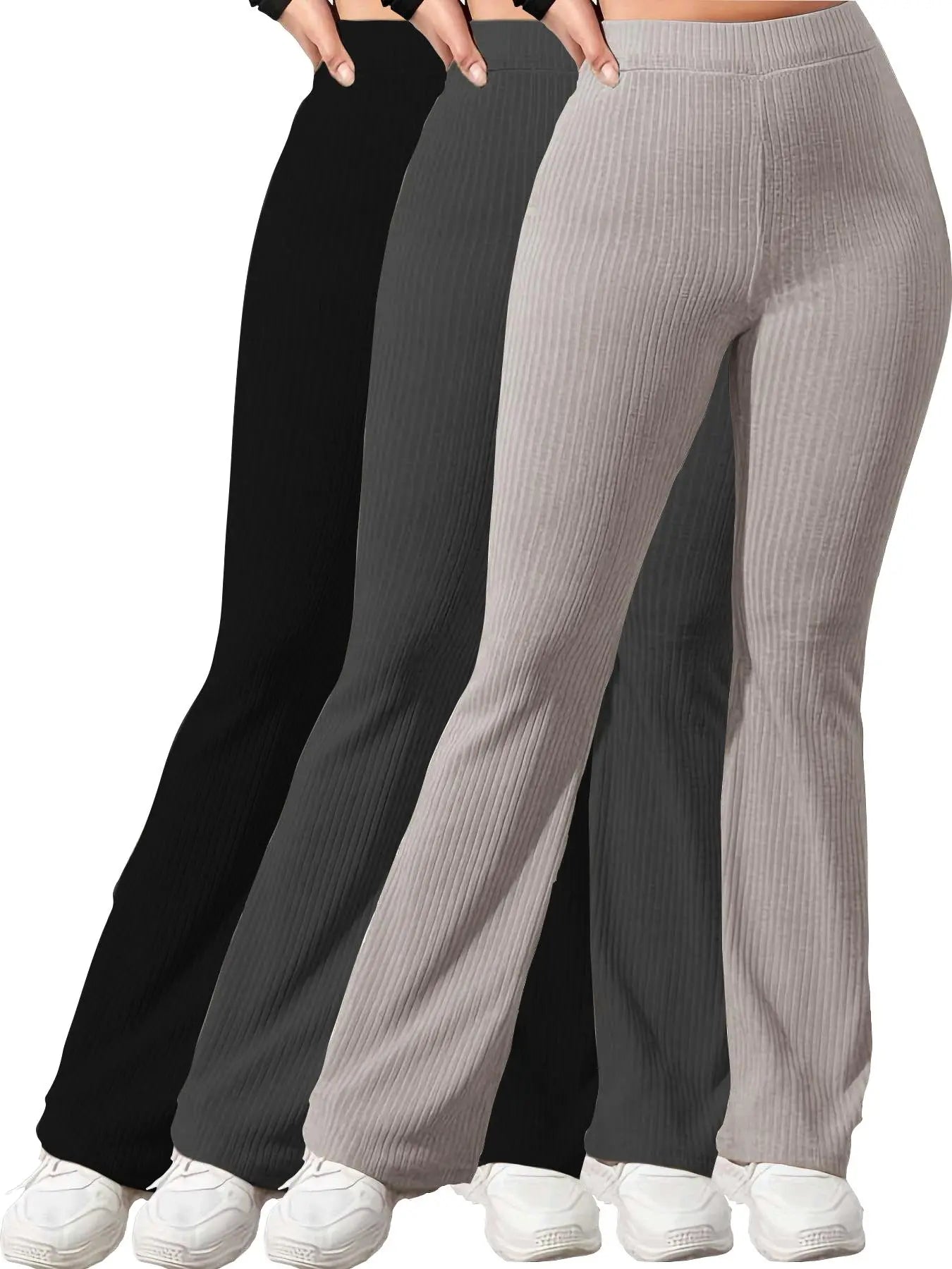 Women'S Plain High Waist Ribbed Flare Leg Pants, Casual Comfy Elastic Waist Wide Leg Bell Bottom Trousers for Summer, Rib Flares Pants, Ladies Bottoms for Daily Wear Rib Flares
