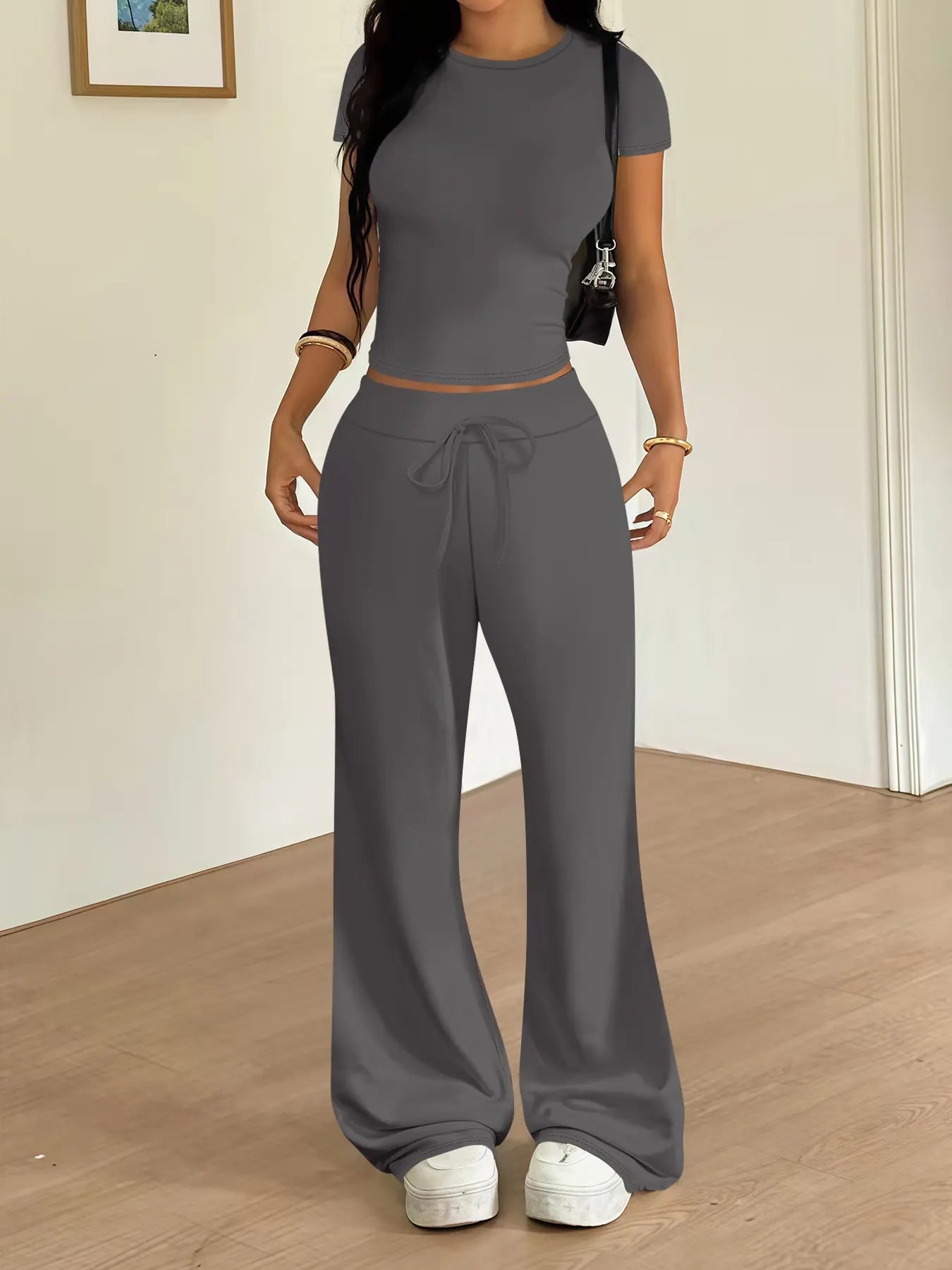 Women'S Casual Basic Minimalist Tight-Fitting Crewneck T-Shirt and Loose Long Pants Two-Piece Lounge Matching Set, Clothes, Spring Summer Fashion, Comfortable and Stylish, Womenswear