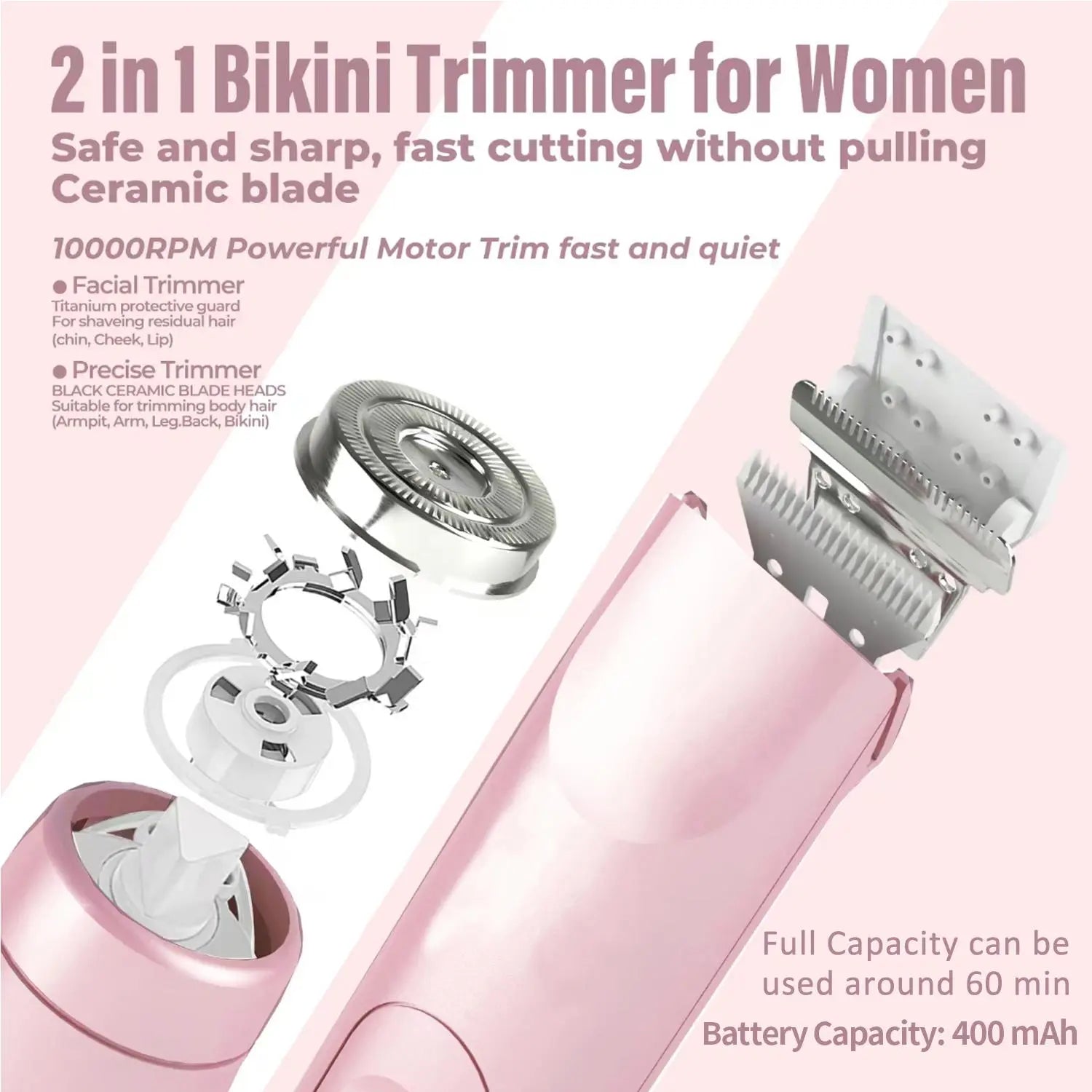 Electric Hair Trimmer for Women, 1 Count Cordless Rechargeable 2-In-1 Body and Facial Double-Head Hair Removal Trimmer for Face, Underarm and Legs, High Quality Trimmer, Dual Head Trimmer, Wireless Trimmer, Rechargeable Cordless Trimmers