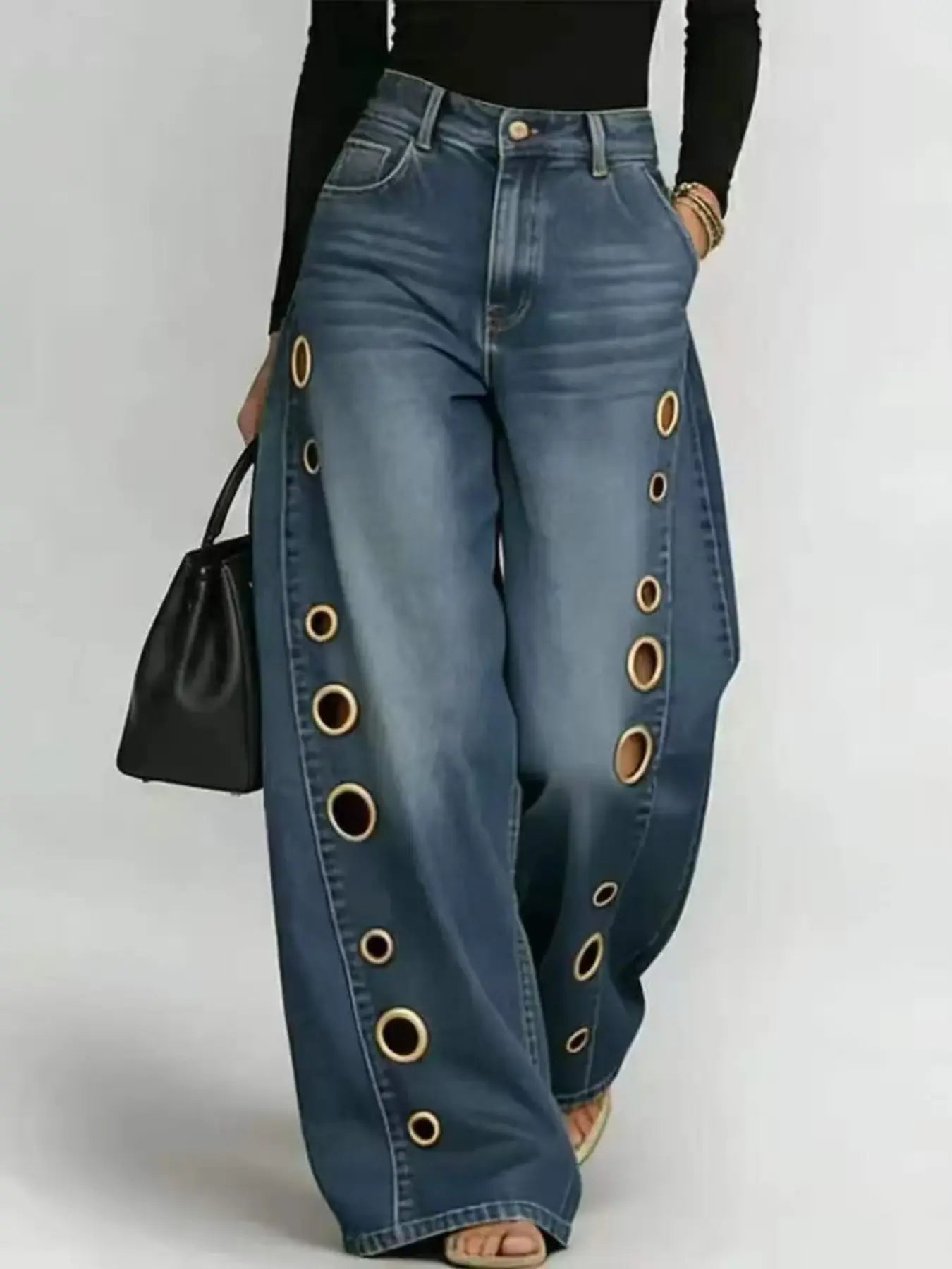 Oversized Baggy Jeans Pants with Metal Eyelet Detail