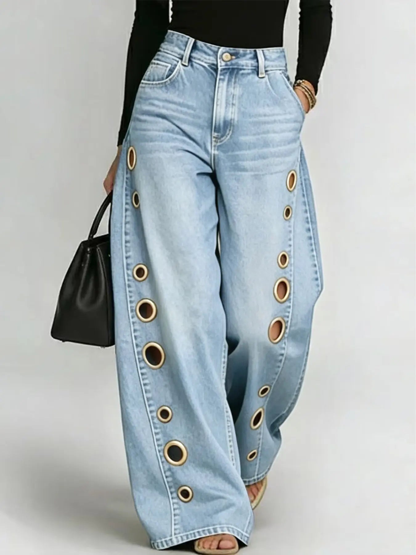 Oversized Baggy Jeans Pants with Metal Eyelet Detail