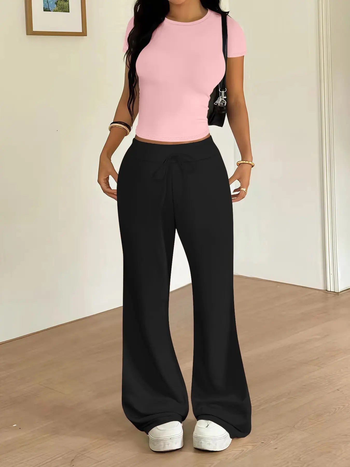 Women'S Casual Basic Minimalist Tight-Fitting Crewneck T-Shirt and Loose Long Pants Two-Piece Lounge Matching Set, Clothes, Spring Summer Fashion, Comfortable and Stylish, Womenswear