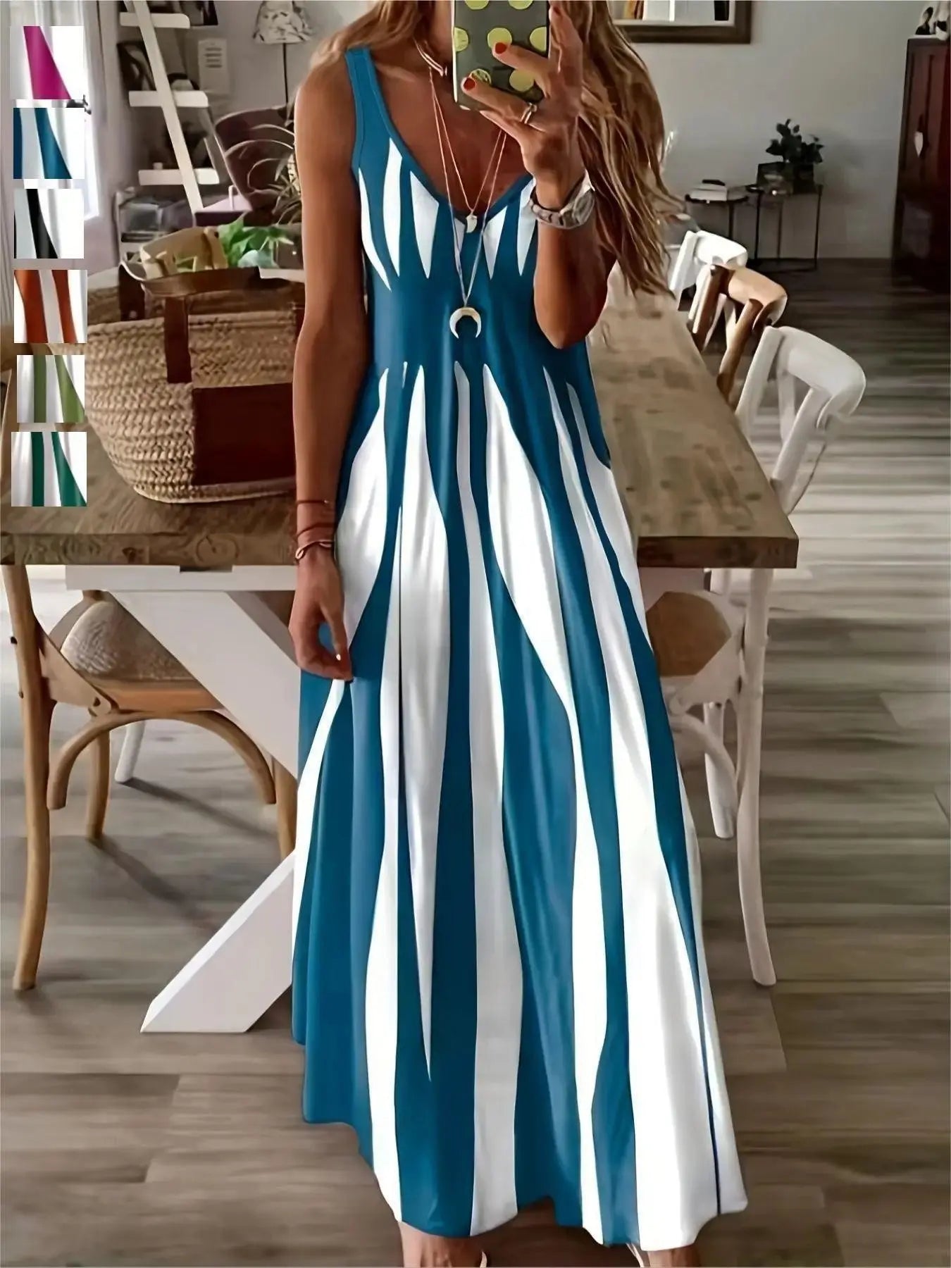Summer New Arrival Women'S Casual Sleeveless Striped V-Neck Long Dress, Casual Dresses, Casual Chic Dress, Sweet Style Elegance Loose-Fitting Daily Wear, Perfect for Outdoor Activities