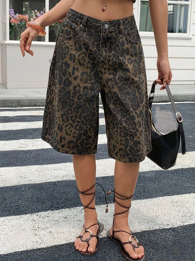 Women Leopard Print Denim Shorts