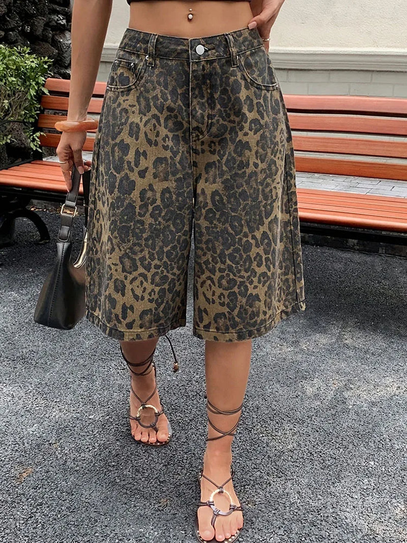 Women Leopard Print Denim Shorts
