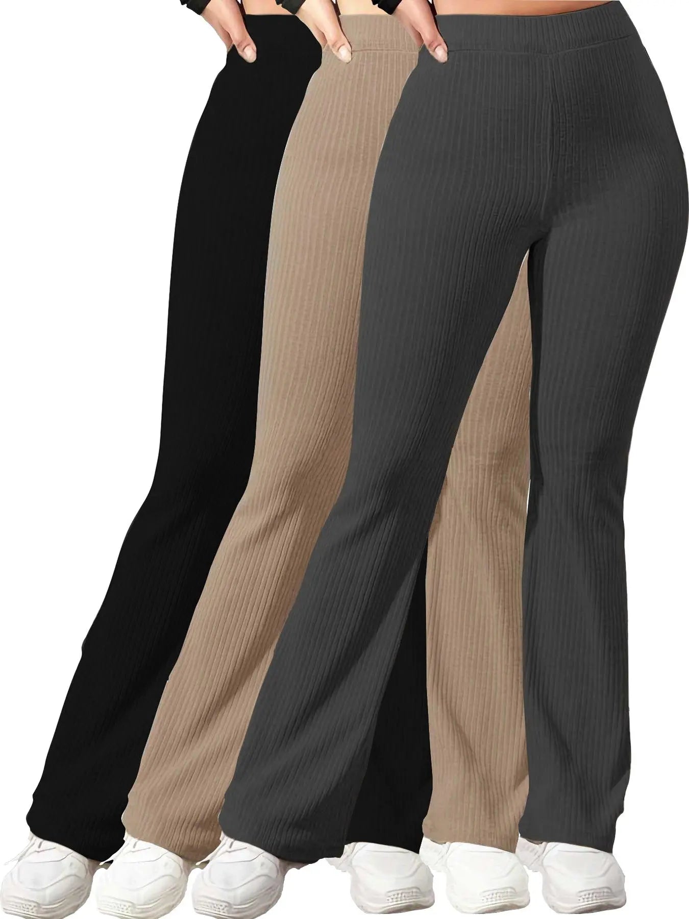 Women'S Plain High Waist Ribbed Flare Leg Pants, Casual Comfy Elastic Waist Wide Leg Bell Bottom Trousers for Summer, Rib Flares Pants, Ladies Bottoms for Daily Wear Rib Flares