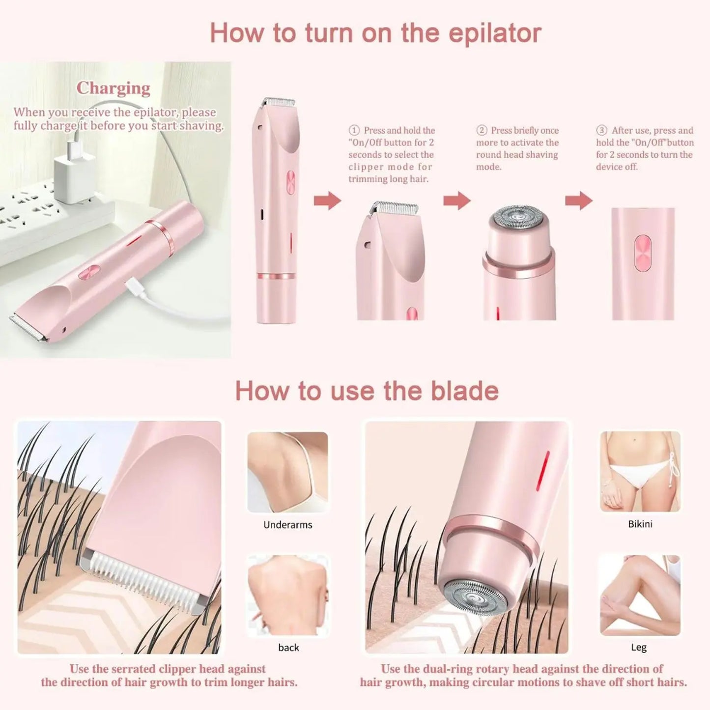 Electric Hair Trimmer for Women, 1 Count Cordless Rechargeable 2-In-1 Body and Facial Double-Head Hair Removal Trimmer for Face, Underarm and Legs, High Quality Trimmer, Dual Head Trimmer, Wireless Trimmer, Rechargeable Cordless Trimmers