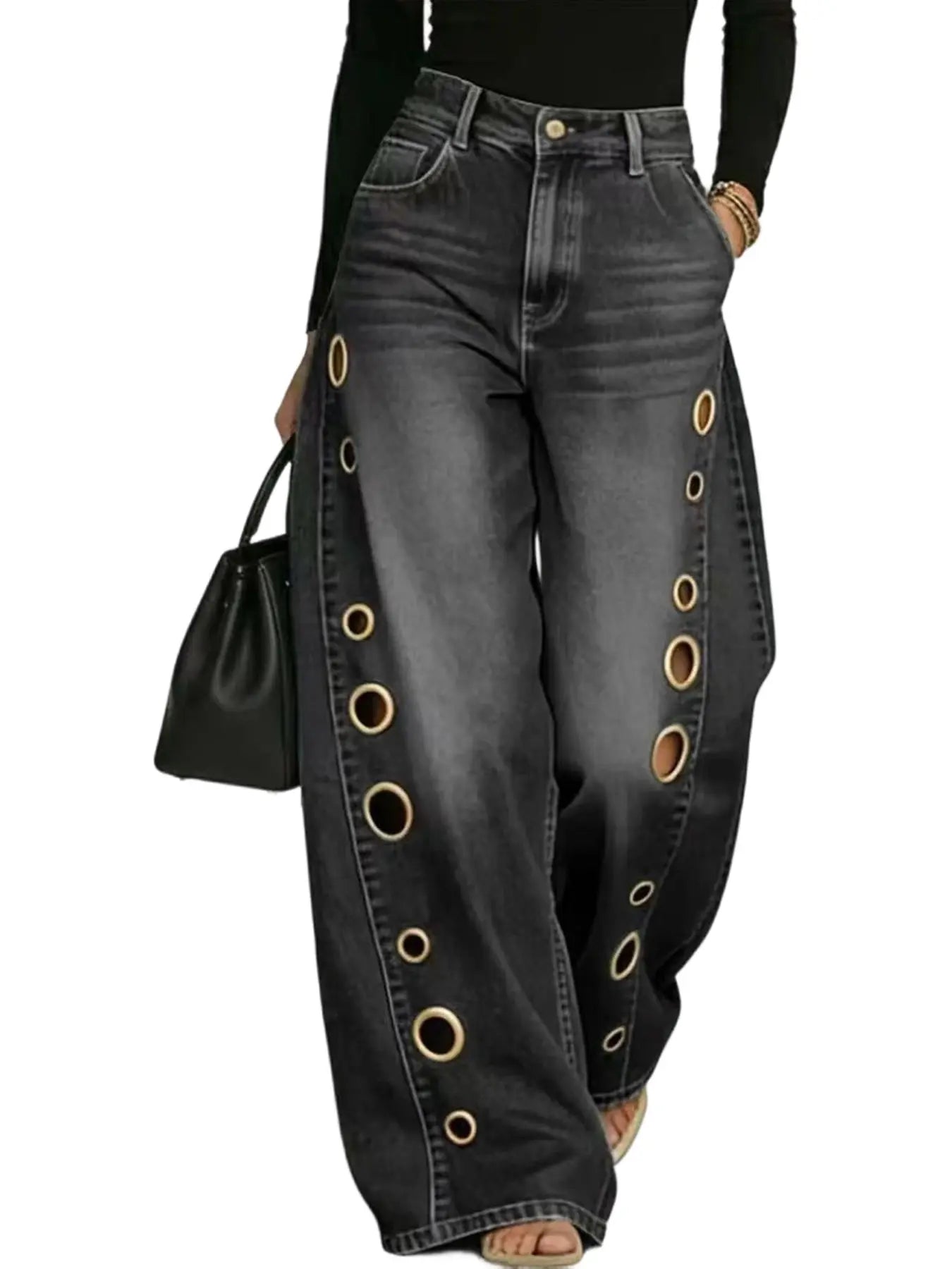 Oversized Baggy Jeans Pants with Metal Eyelet Detail
