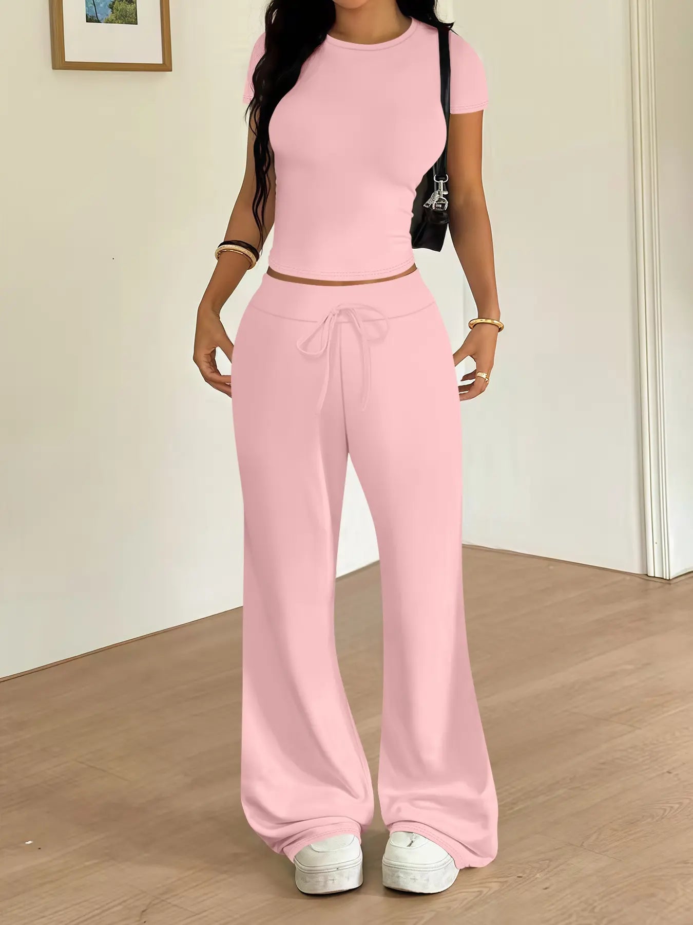 Women'S Casual Basic Minimalist Tight-Fitting Crewneck T-Shirt and Loose Long Pants Two-Piece Lounge Matching Set, Clothes, Spring Summer Fashion, Comfortable and Stylish, Womenswear