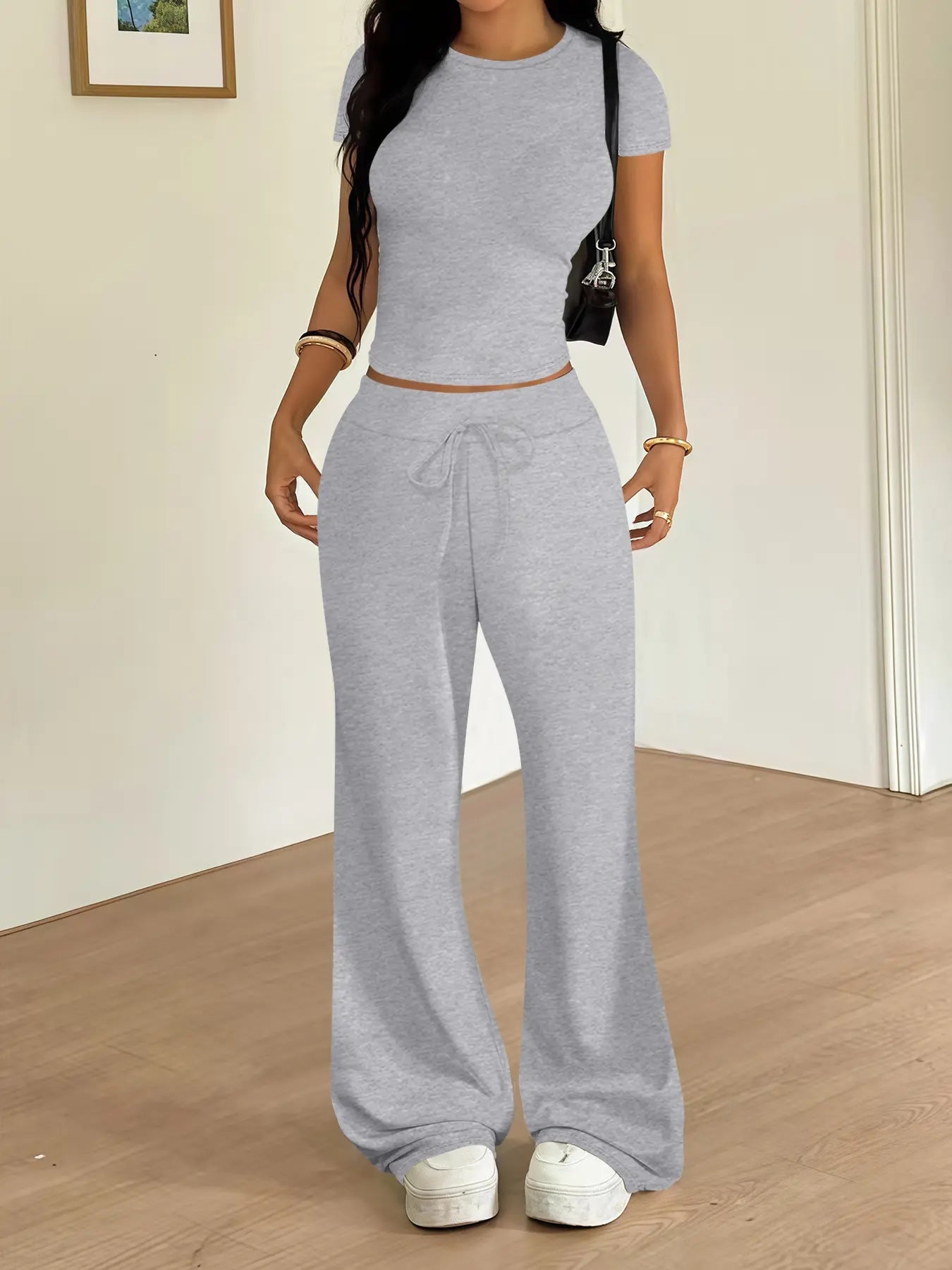 Women'S Casual Basic Minimalist Tight-Fitting Crewneck T-Shirt and Loose Long Pants Two-Piece Lounge Matching Set, Clothes, Spring Summer Fashion, Comfortable and Stylish, Womenswear