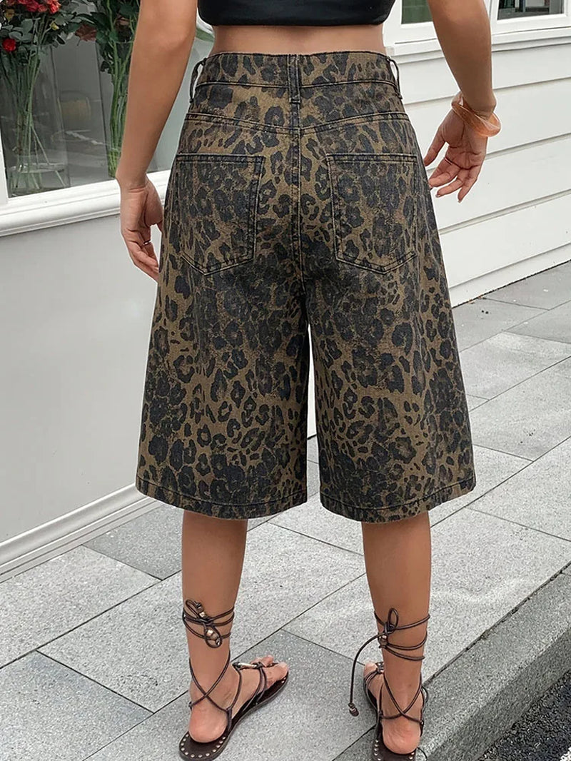 Women Leopard Print Denim Shorts