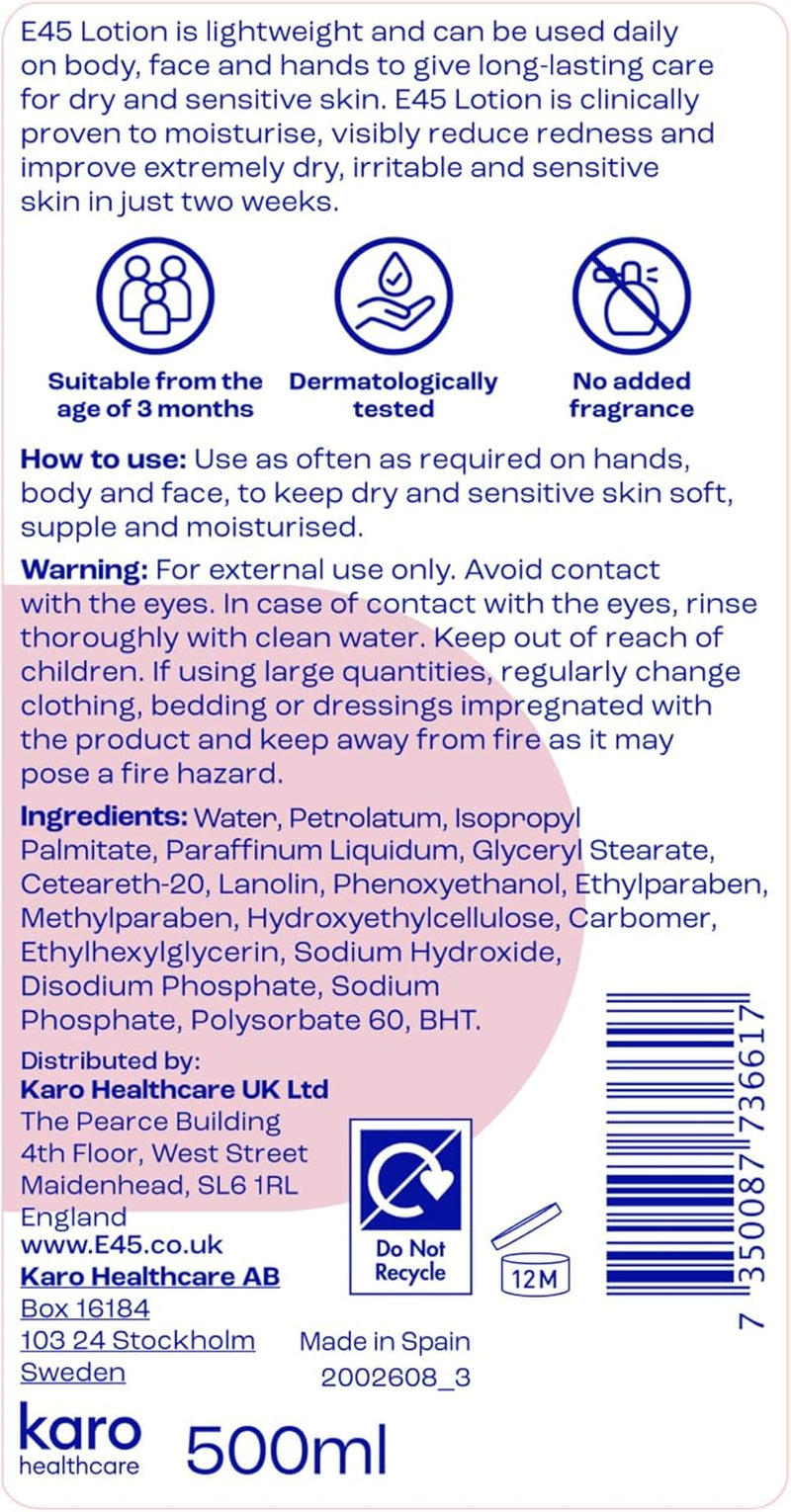 Moisturising Lotion 500 Ml for Dry & Sensitive Skin - Long-Lasting Hydration Protect from Dryness, Reduce Redness - Dermatological Body Moisturiser Lotion - Body Lotion - Daily Moisturiser | Long-Lasting Hydration Helps Protect from Dryness - Helps Reduce Redness, Dermatologically Tested