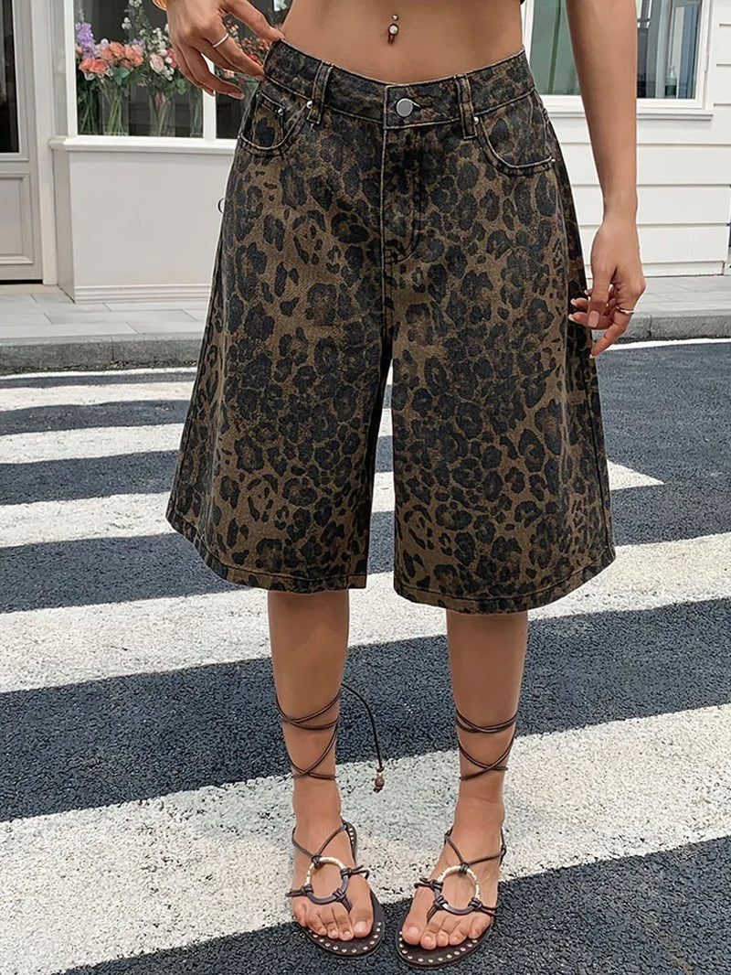 Women Leopard Print Denim Shorts