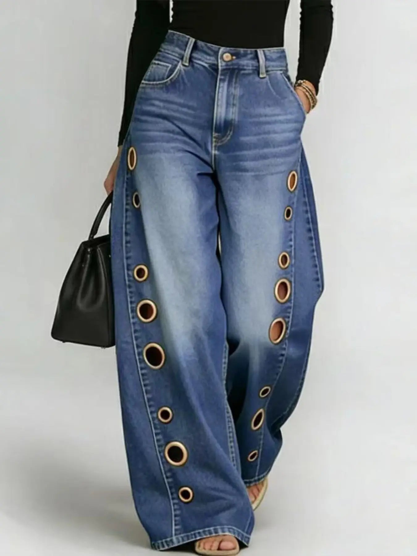 Oversized Baggy Jeans Pants with Metal Eyelet Detail