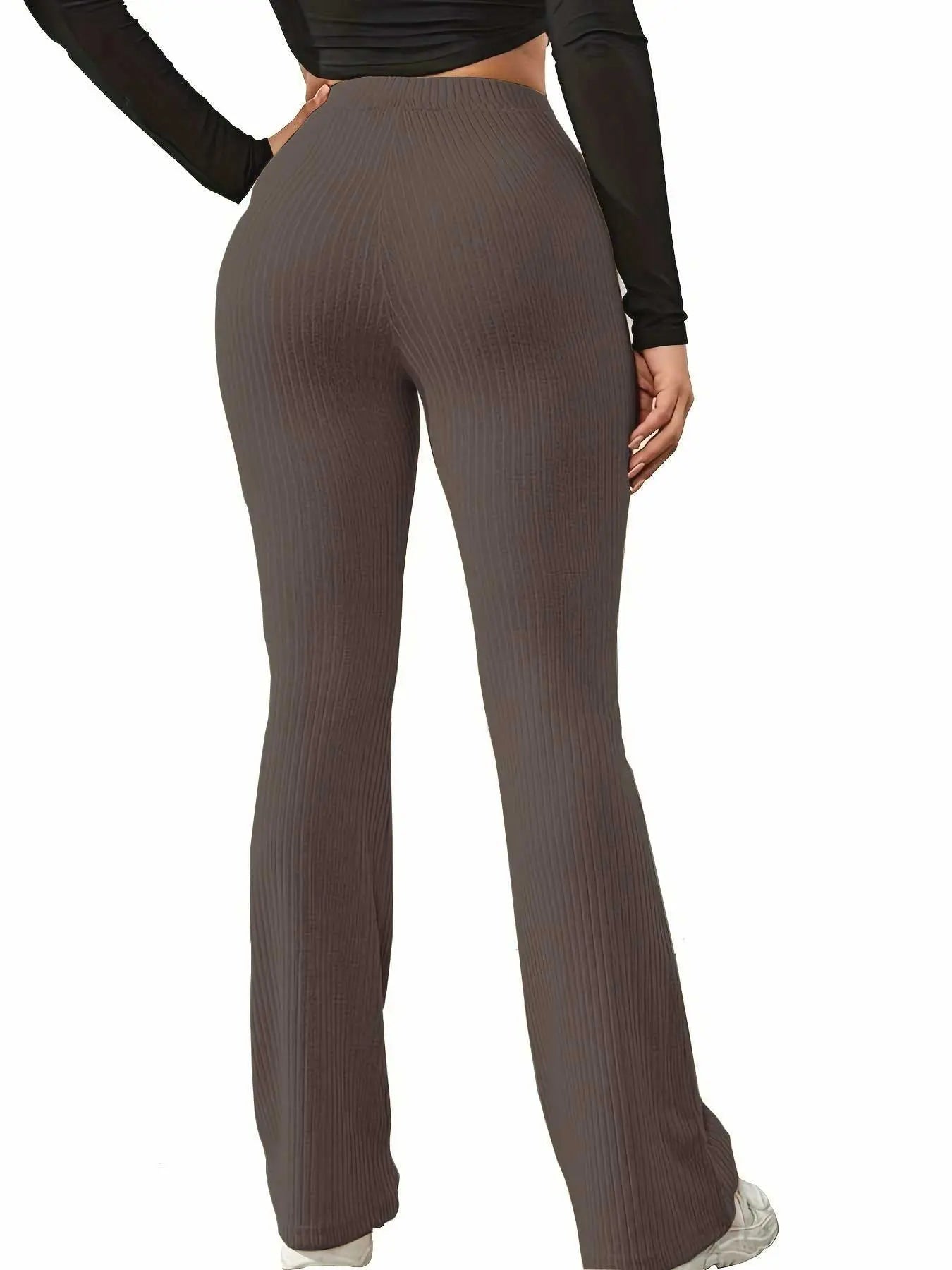 Women'S Plain High Waist Ribbed Flare Leg Pants, Casual Comfy Elastic Waist Wide Leg Bell Bottom Trousers for Summer, Rib Flares Pants, Ladies Bottoms for Daily Wear Rib Flares