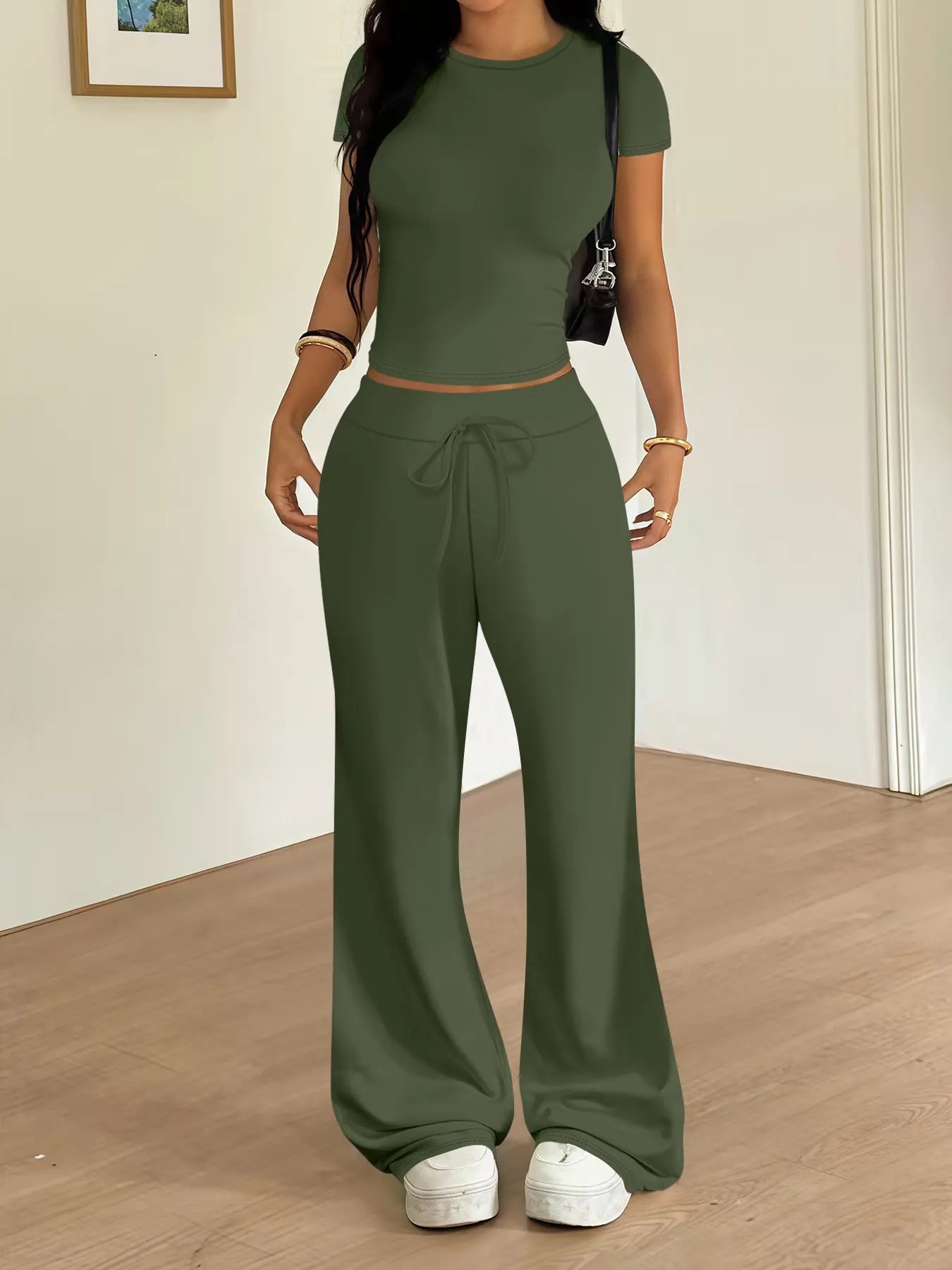 Women'S Casual Basic Minimalist Tight-Fitting Crewneck T-Shirt and Loose Long Pants Two-Piece Lounge Matching Set, Clothes, Spring Summer Fashion, Comfortable and Stylish, Womenswear