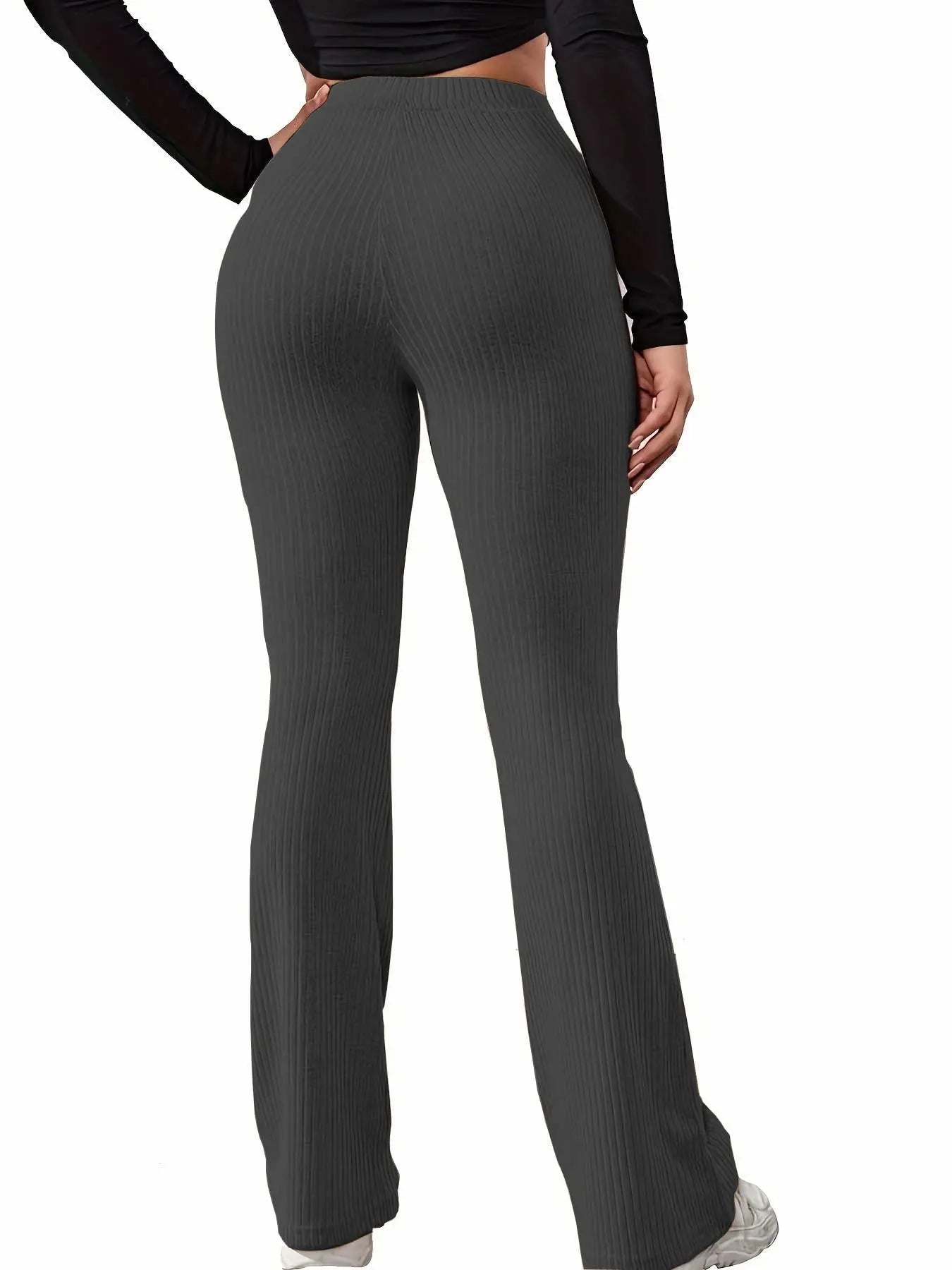 Women'S Plain High Waist Ribbed Flare Leg Pants, Casual Comfy Elastic Waist Wide Leg Bell Bottom Trousers for Summer, Rib Flares Pants, Ladies Bottoms for Daily Wear Rib Flares