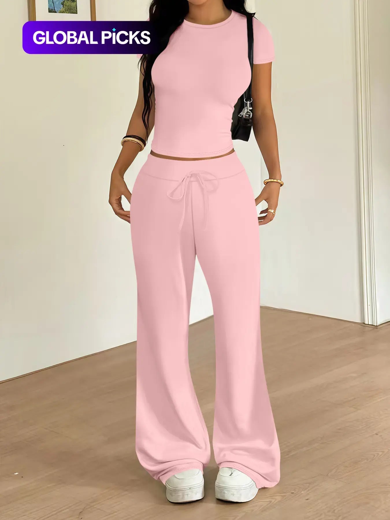 Women'S Casual Basic Minimalist Tight-Fitting Crewneck T-Shirt and Loose Long Pants Two-Piece Lounge Matching Set, Clothes, Spring Summer Fashion, Comfortable and Stylish, Womenswear