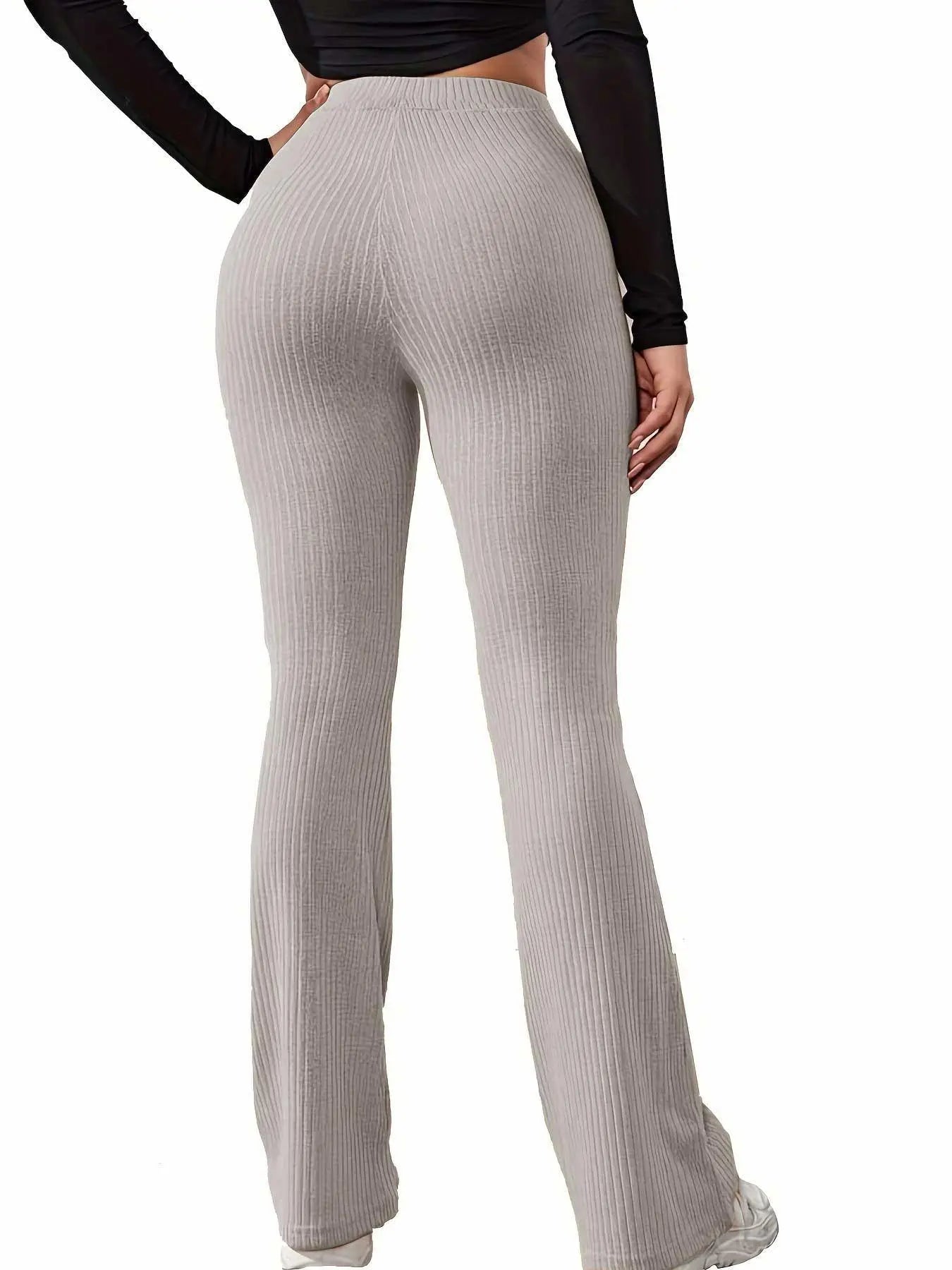 Women'S Plain High Waist Ribbed Flare Leg Pants, Casual Comfy Elastic Waist Wide Leg Bell Bottom Trousers for Summer, Rib Flares Pants, Ladies Bottoms for Daily Wear Rib Flares