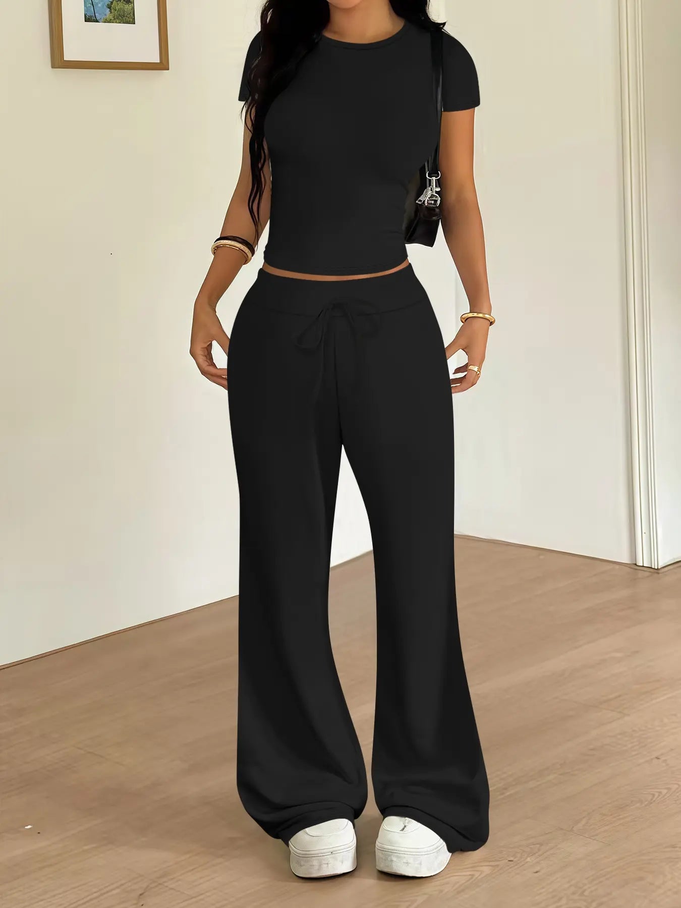 Women'S Casual Basic Minimalist Tight-Fitting Crewneck T-Shirt and Loose Long Pants Two-Piece Lounge Matching Set, Clothes, Spring Summer Fashion, Comfortable and Stylish, Womenswear