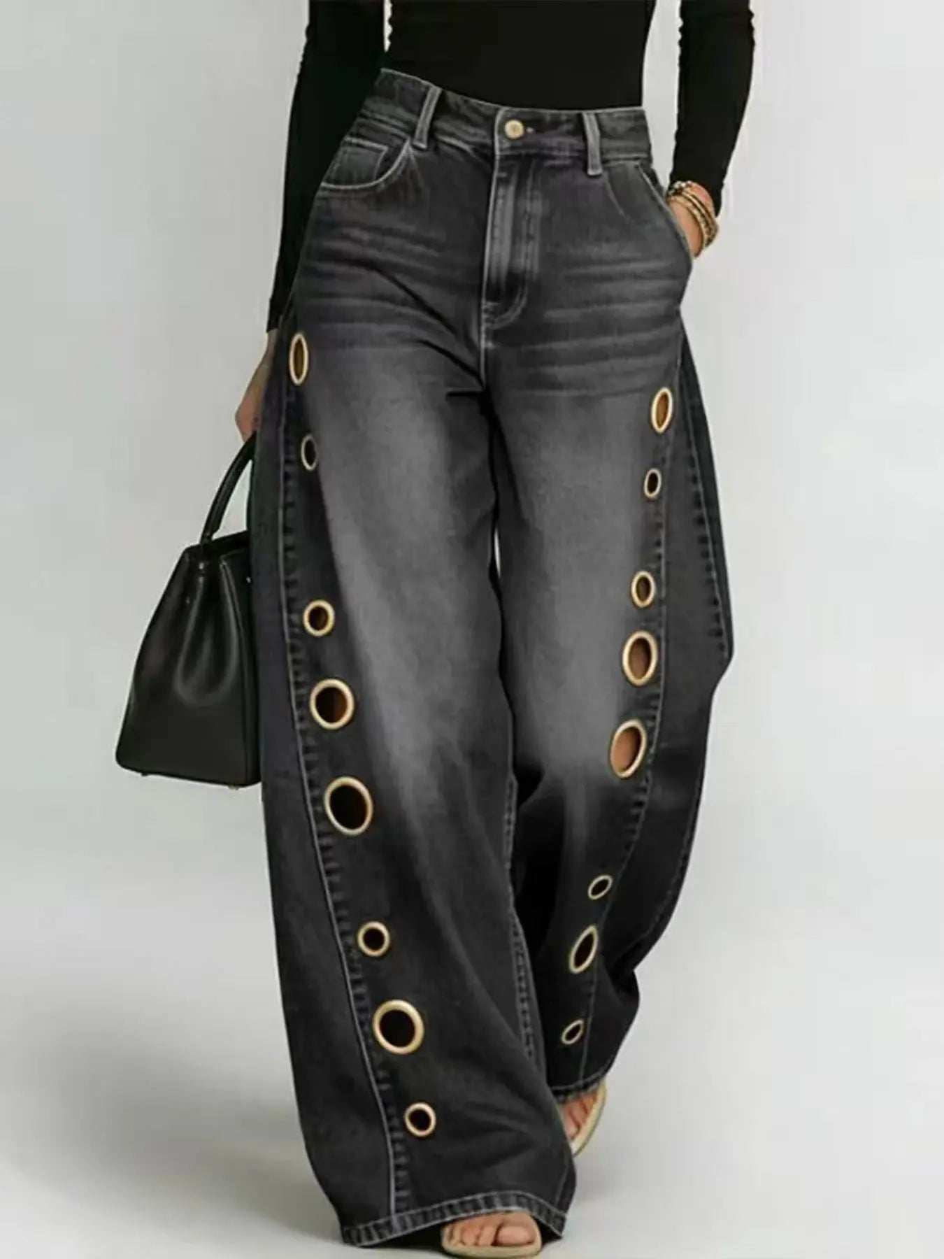 Oversized Baggy Jeans Pants with Metal Eyelet Detail