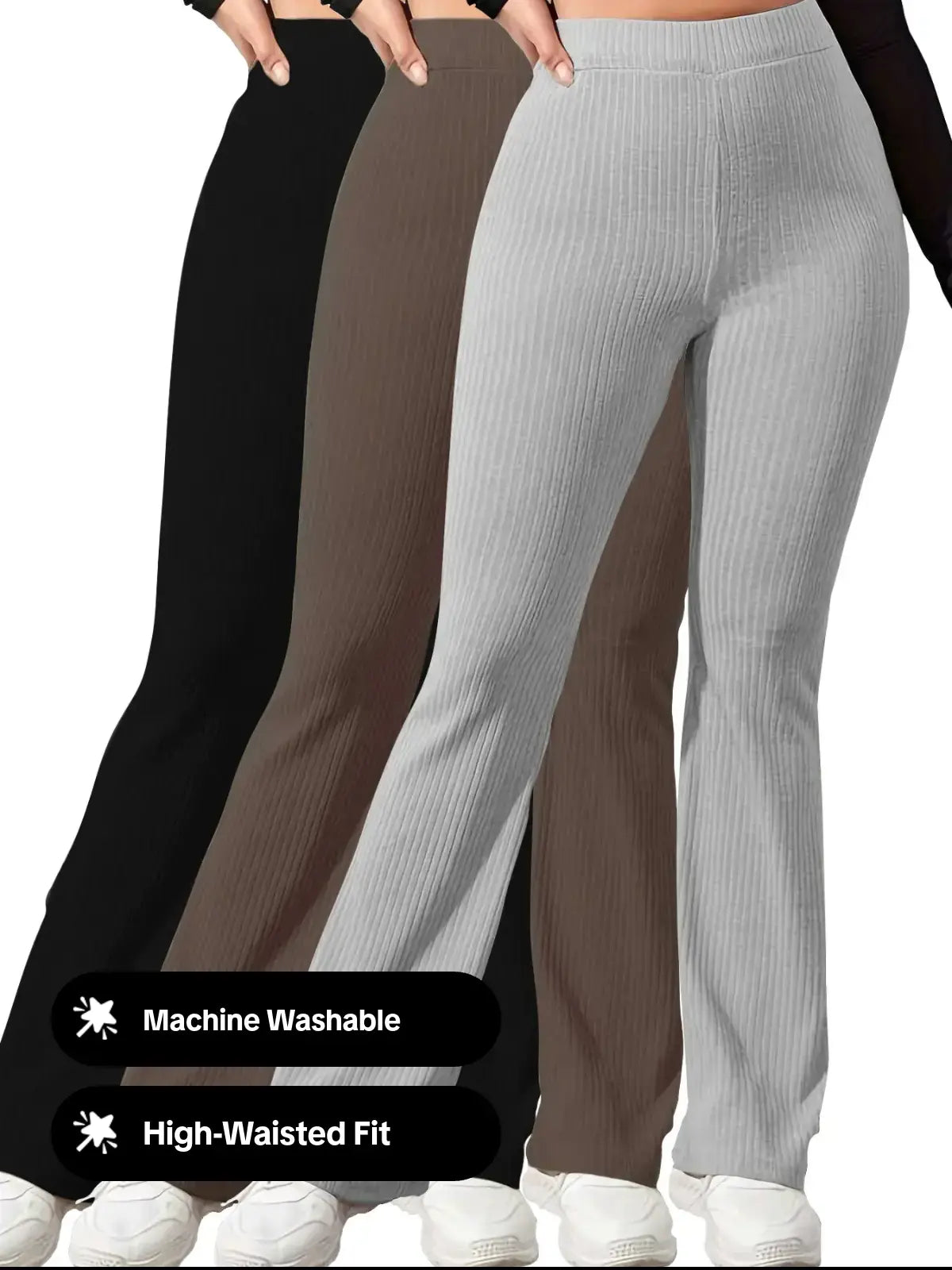 Women'S Plain High Waist Ribbed Flare Leg Pants, Casual Comfy Elastic Waist Wide Leg Bell Bottom Trousers for Summer, Rib Flares Pants, Ladies Bottoms for Daily Wear Rib Flares