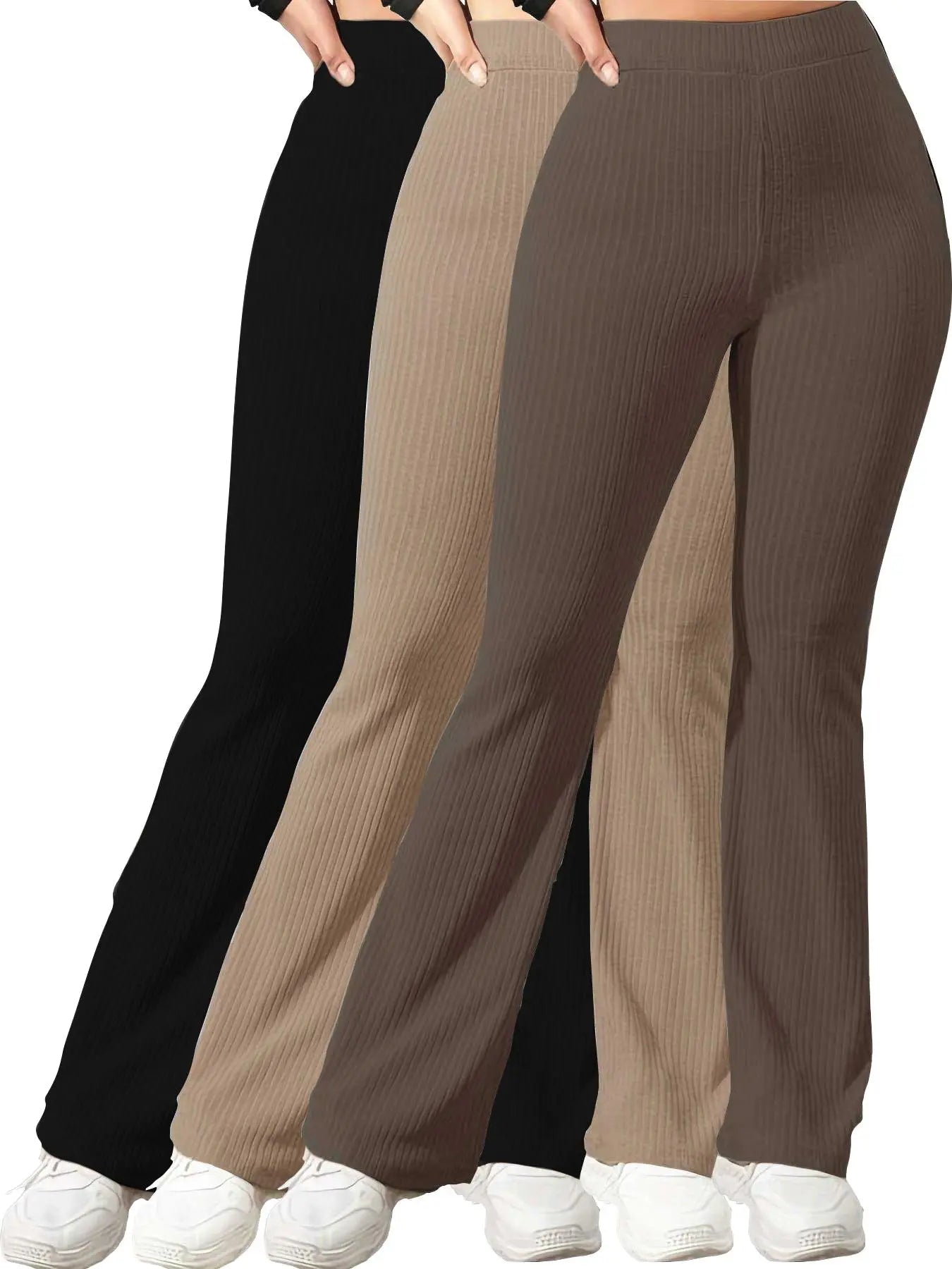 Women'S Plain High Waist Ribbed Flare Leg Pants, Casual Comfy Elastic Waist Wide Leg Bell Bottom Trousers for Summer, Rib Flares Pants, Ladies Bottoms for Daily Wear Rib Flares