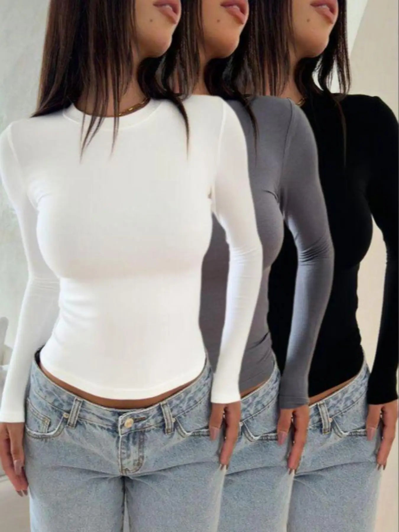 Women'S Fashion Long Sleeve Fitted Crewneck T-Shirt, Versatile Casual Wear for All Seasons, Comfortable and Stylish, Perfect for Spring Summer Fall Winter