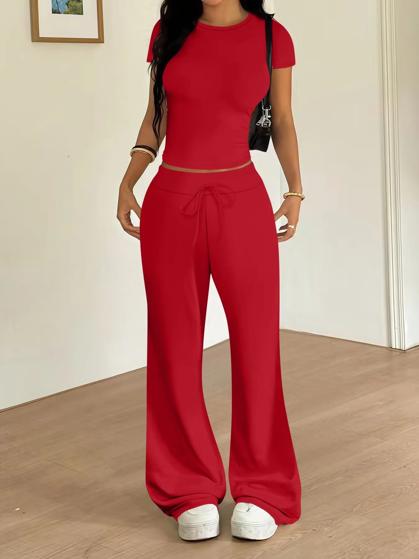 Women'S Casual Basic Minimalist Tight-Fitting Crewneck T-Shirt and Loose Long Pants Two-Piece Lounge Matching Set, Clothes, Spring Summer Fashion, Comfortable and Stylish, Womenswear